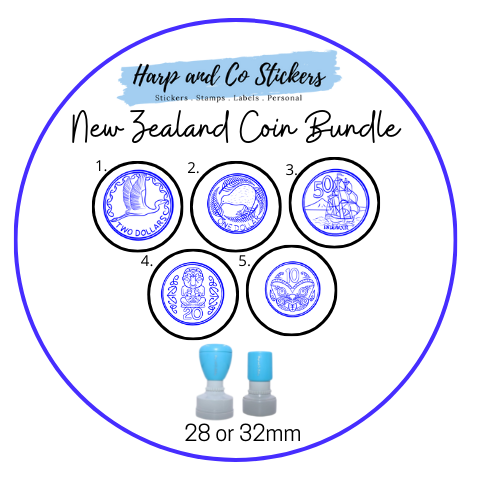 28 or 32mm Personalised Stamp Bundle - 5 New Zealand Coins Stamps