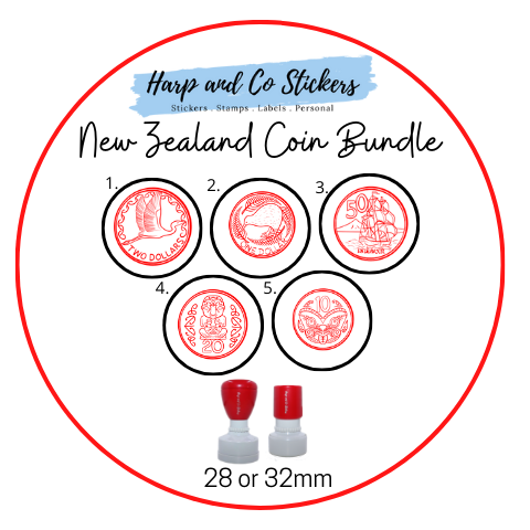 28 or 32mm Personalised Stamp Bundle - 5 New Zealand Coins Stamps