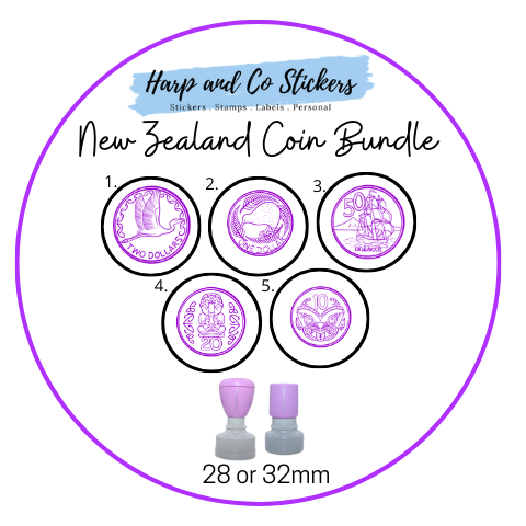 28 or 32mm Personalised Stamp Bundle - 5 New Zealand Coins Stamps