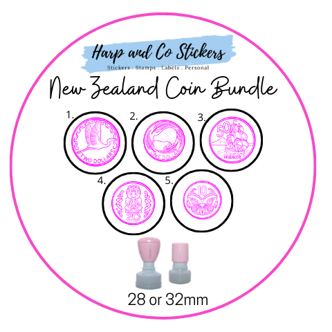 28 or 32mm Personalised Stamp Bundle - 5 New Zealand Coins Stamps