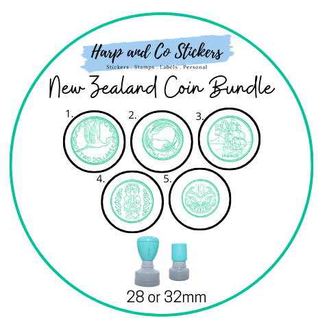 28 or 32mm Personalised Stamp Bundle - 5 New Zealand Coins Stamps